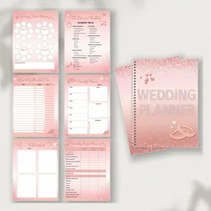 Detailed wedding planner notebook with interior page previews for bride and groom planning.