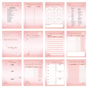 Wedding planner book detail showing interior checklist pages, pink glitter wedding organizer.
