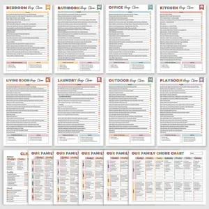 Vista dettagliata di planner con liste di pulizia familiare e tabelle delle faccende.