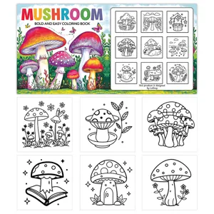 Mushroom coloring book for adults and kids, bold easy relaxing stress relief art drawing activity.