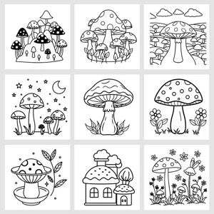 Detailed view of mushroom coloring pages featuring cute plant line art for relaxation and fun.
