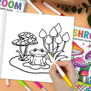 Adult and kids coloring book, stress relief drawing book with cute frog and mushroom designs.