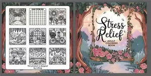 Adult coloring book with stress relief designs, flower illustrations, and color testing pages.