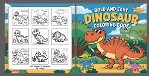Kids dinosaur coloring book detailed view showing cute cartoon illustrations and grid line art.