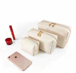 Waterproof PU makeup bag detail shot, portable cosmetic pouch set with gold zippers