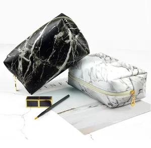 Marble pattern cosmetic bag detail shot, portable square makeup pouch with smooth zipper closure.