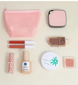 Süße rosa Netztasche Kosmetiktasche mit großer Kapazität, tragbare Make-up Aufbewahrung für Reisen.