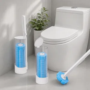 Disposable toilet brush with replacement sponge heads wall-mounted bathroom cleaning tool.
