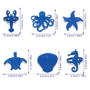 Set of 6 blue marine napkin rings with lobster, octopus, starfish and turtle shapes.