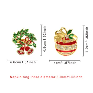 Christmas rhinestone napkin ring set with wreath and ball design, inner diameter 3.9cm.