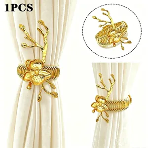 Gold orchid curtain buckle detail view, elegant metal spring curtain tieback accessory