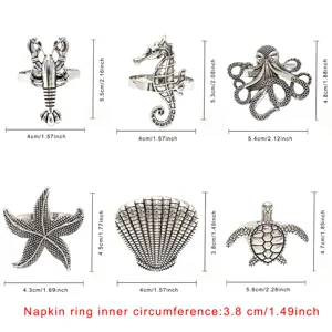 Ensemble de 6 ronds de serviette marins avec homard, hippocampe, poulpe, étoile de mer et tortue.