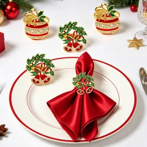 Christmas rhinestone napkin rings holiday table decor metal bow bell napkin holder sets