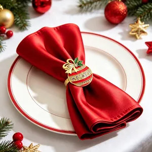 Detailed shot of a festive Christmas bauble napkin ring with rhinestone and bow design.