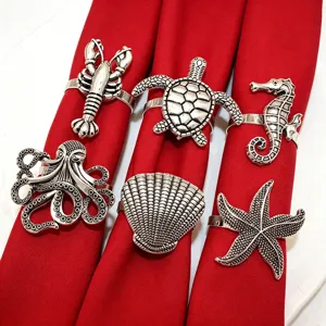 Set de ronds de serviette vie marine argenté métal homard tortue étoile de mer déco table