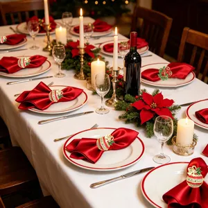 Christmas crystal rhinestone napkin ring with red bow bauble design for holiday dinner table.