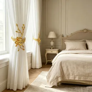 Elegant golden orchid curtain tieback detail in luxury bedroom, refined metal accessory.
