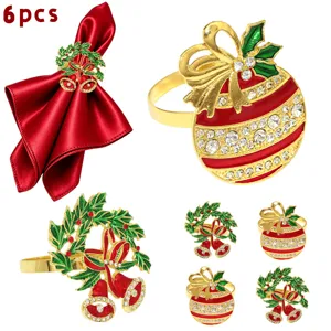 Christmas Napkin Rings Alloy Rhinestone Bow Bell Napkin Holders Festive Table Decor Dinner Party Kitchen Accessories