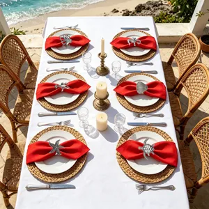 Vue détaillée des ronds de serviette animaux marins avec serviettes rouges sur table.