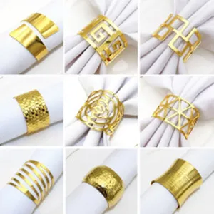 Gold metal napkin rings set for dining table, modern geometric napkin holders for party decor.
