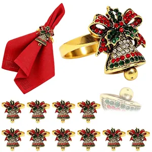 Christmas Bell Napkin Rings Antique Gold Metal Rhinestone Napkin Holders Table Decoration For Holiday Party Dinner