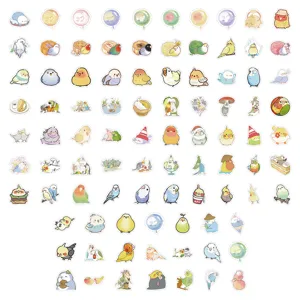Vista dettagliata adesivi pappagallo carini, set 100 pezzi decalcomanie uccello kawaii per borraccia