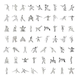 Detailed view of traditional Chinese kung fu martial arts stickers, ink style design.