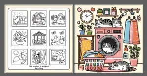 Detailed view of cute cat coloring book pages with line art and colorful laundry scene.