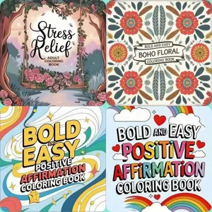 Adult and kids stress relief coloring book main image showing colorful illustrations.