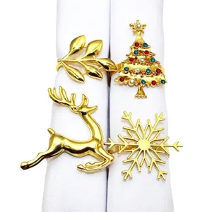 Gold Christmas napkin rings set, elk tree snowflake leaf napkin holders for holiday table decor