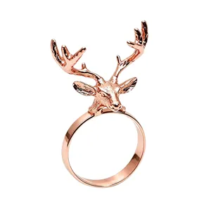Metal reindeer napkin ring, rose gold deer head table decor for Christmas dinner party.