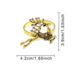 Gold Christmas reindeer napkin ring with sparkling rhinestones and detailed product dimensions.