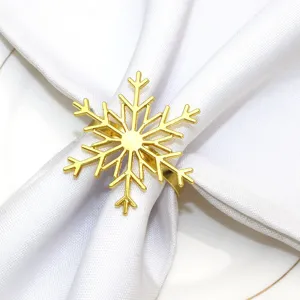 Gold snowflake napkin ring table decor for Christmas dinner party and holiday celebration
