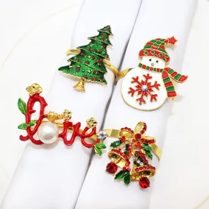 Christmas metal napkin rings set rhinestone holiday table decor 4pcs for family party