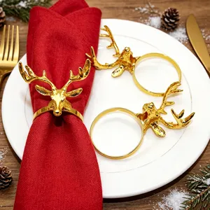Gold Christmas reindeer napkin rings set, elegant metal deer head table decor details