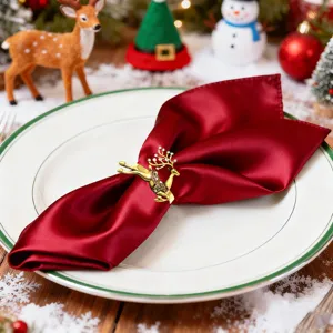Christmas reindeer napkin ring, gold metal deer with red cloth napkin for holiday table decor.