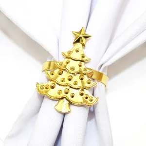 Gold Christmas tree napkin ring, elegant metallic tabletop decoration for hotel table settings.