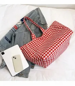 Ιαπωνικό κόκκινο λευκό καρό καμβά τσάντα shopper, casual μεγάλη τσάντα ώμου για γυναίκες.