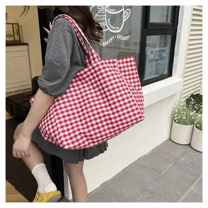 Κόκκινη λευκή καρό τσάντα tote από καμβά για γυναίκες, μεγάλη χωρητικότητα casual τσάντα ώμου.