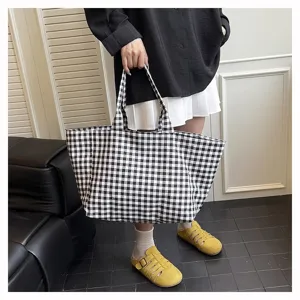 Τσάντα shopper από καμβά με ασπρόμαυρο καρό, μεγάλη casual τσάντα ώμου για γυναίκες.