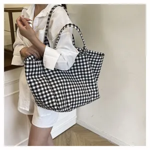 Ασπρόμαυρη καρό τσάντα shopper από καμβά για γυναίκες, μεγάλη καθημερινή τσάντα ώμου.