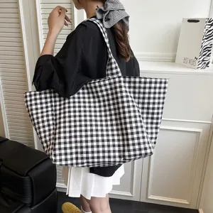 Bolso shopper de lona a cuadros en blanco y negro estilo japonés, gran capacidad para diario.