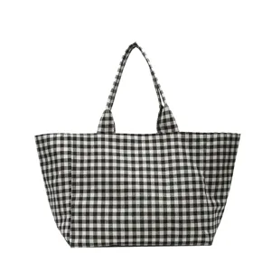 Bolso tote de lona con estampado de cuadros vichy en blanco y negro, bolso grande casual.