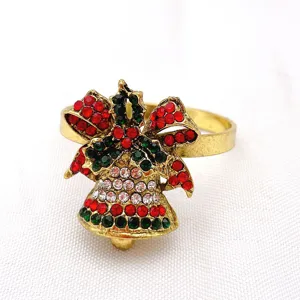 Christmas bell napkin ring with red green rhinestones metal holder holiday table decor