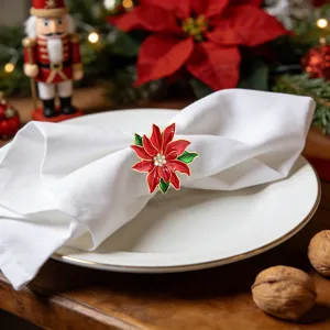 Christmas Poinsettia Napkin Ring Red Enamel Table Decor Holiday Dinner Party Setup