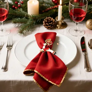 Christmas rhinestone reindeer napkin ring detail shot, festive metal elk table decor setting.