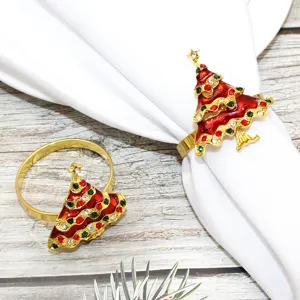 Anello portatovagliolo albero di Natale in metallo dorato con strass per la festa.