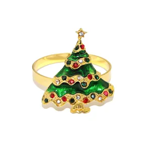 Portatovaglioli albero di natale dorato con smalto verde e strass colorati festivi.