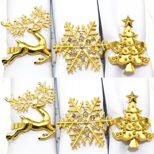 Christmas Napkin Rings Set Alloy Gold Silver Deer Snowflake Tree Napkin Holder Table Decor Dinner Party Wedding Supplies