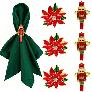 Christmas Napkin Rings Metal Rhinestone Nutcracker Soldier and Poinsettia Dinner Table Decoration for Holiday Party